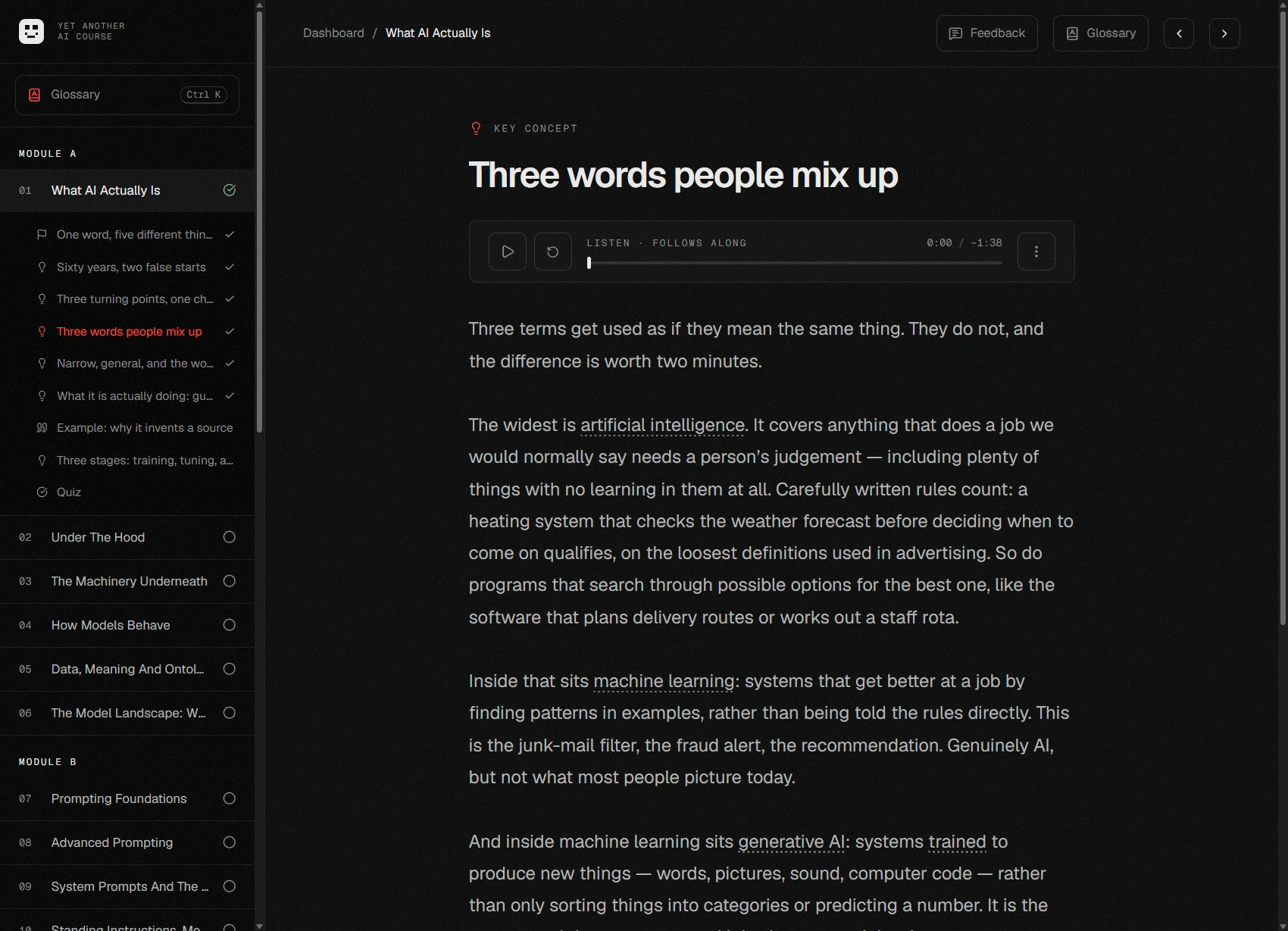 A lesson page from the course platform, mid-explanation of the difference between artificial intelligence, machine learning and generative AI, with the narration player above the text.